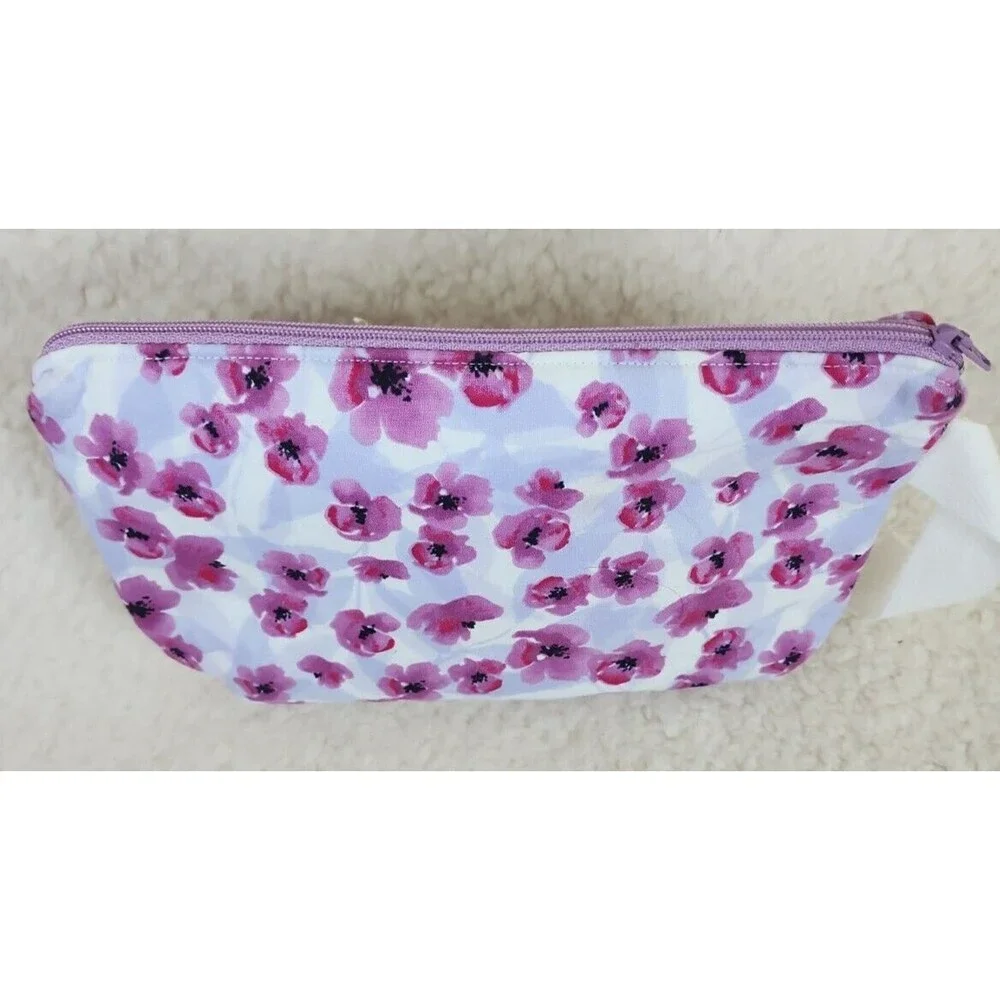 Purple Flower/Floral Print Makeup Bag, Floral Project Bag, Zippered Craft Pouch